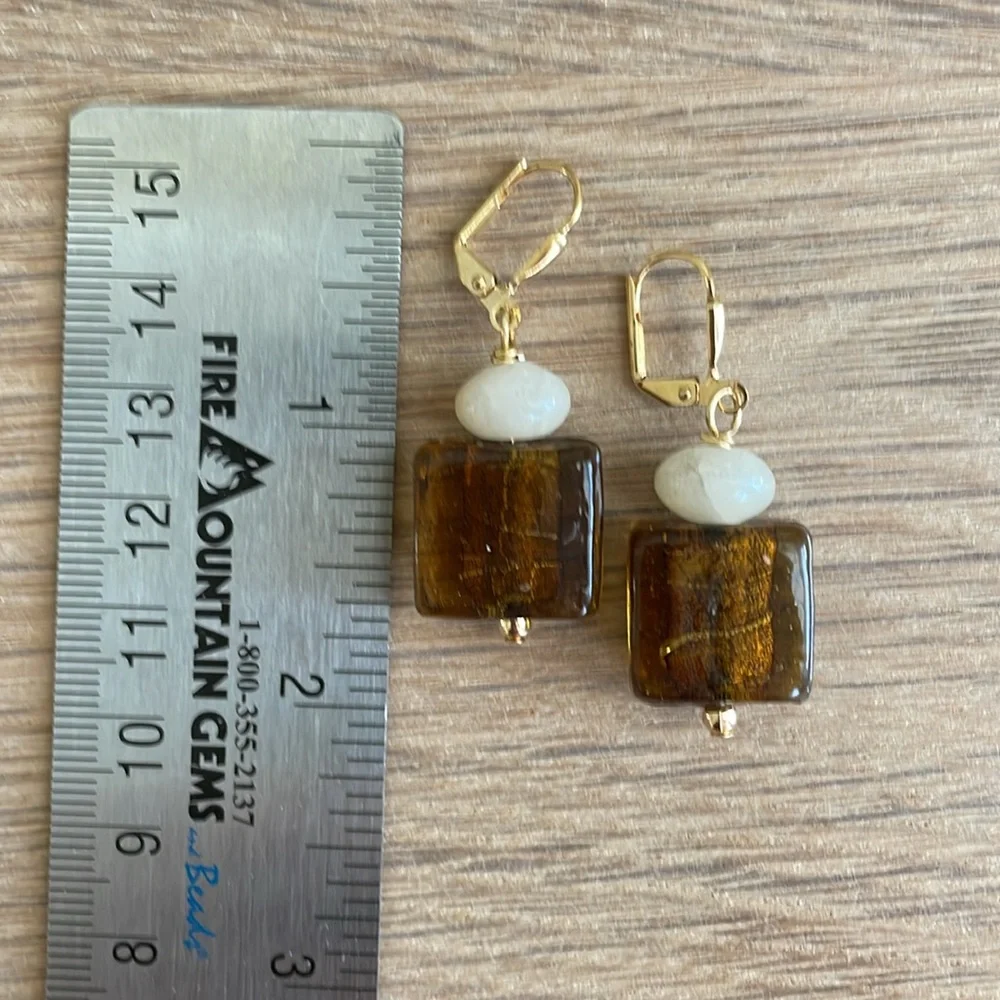 HAND CRAFTED EARRINGS Brown Dichroic Glass White Calcite